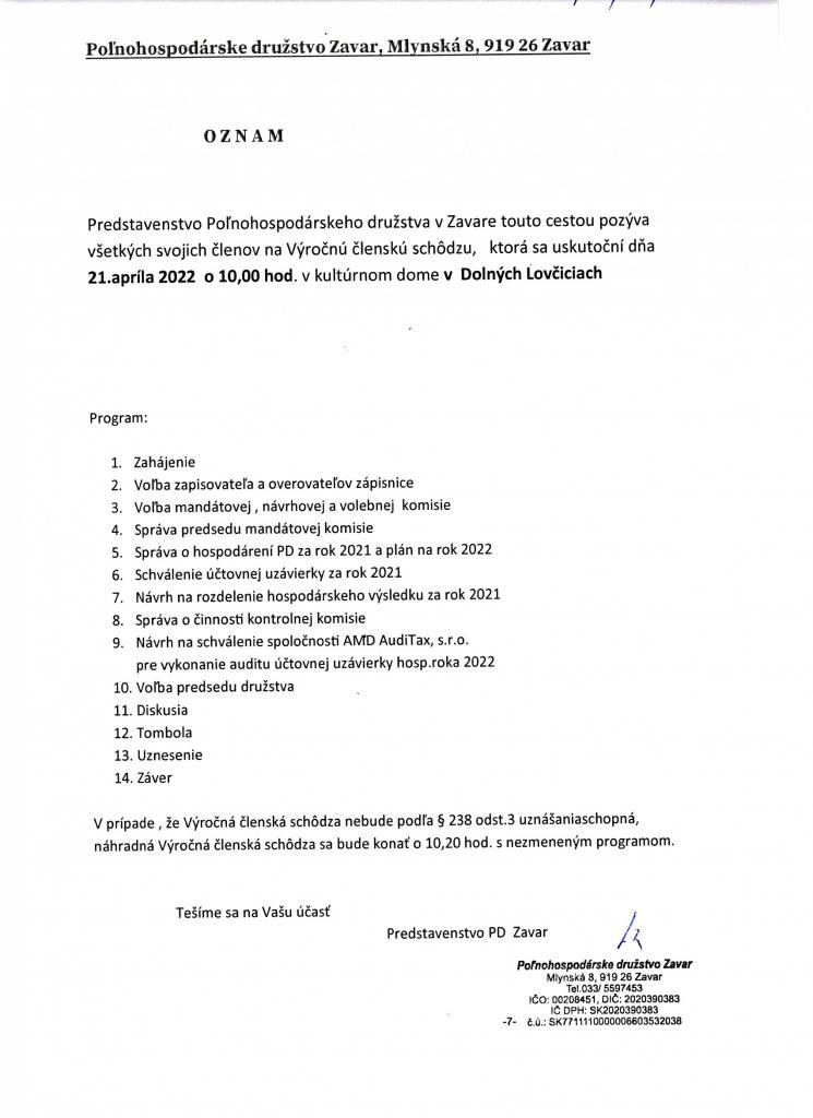 Pozvánka -PD Zavar-výročná členská schôdza 21.4.2022