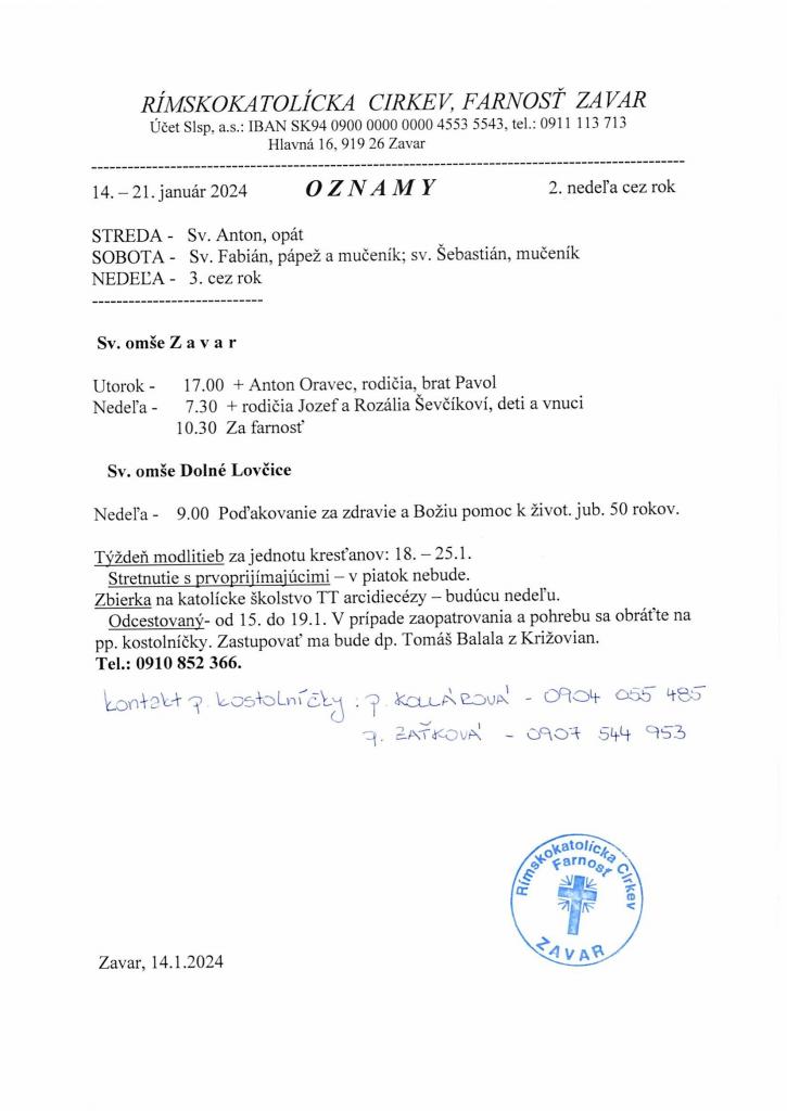 Farské oznamy 14.- 21.január 2024