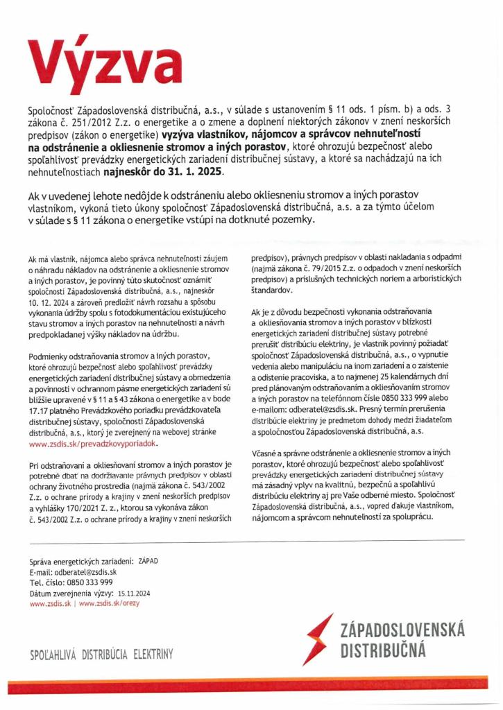 Západoslovenská distribučná a. s.- Výzva -Orezanie a výrub drevín