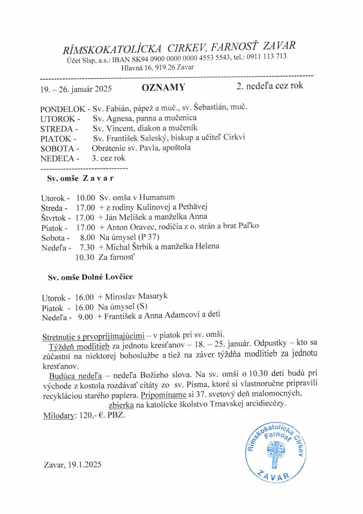 Farské oznamy 19.-26. január 2025