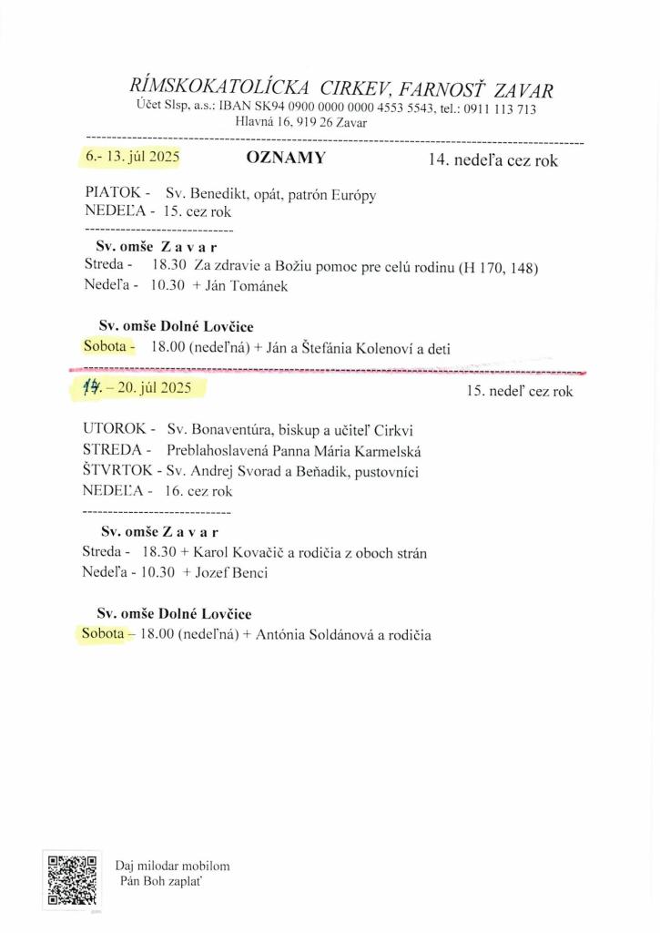 Farské oznamy 6.-13. júl 2025, 14.-20.júl 2025
