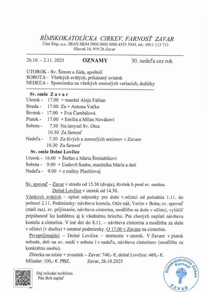 Farské oznamy 26.10.- 2.11.2025
