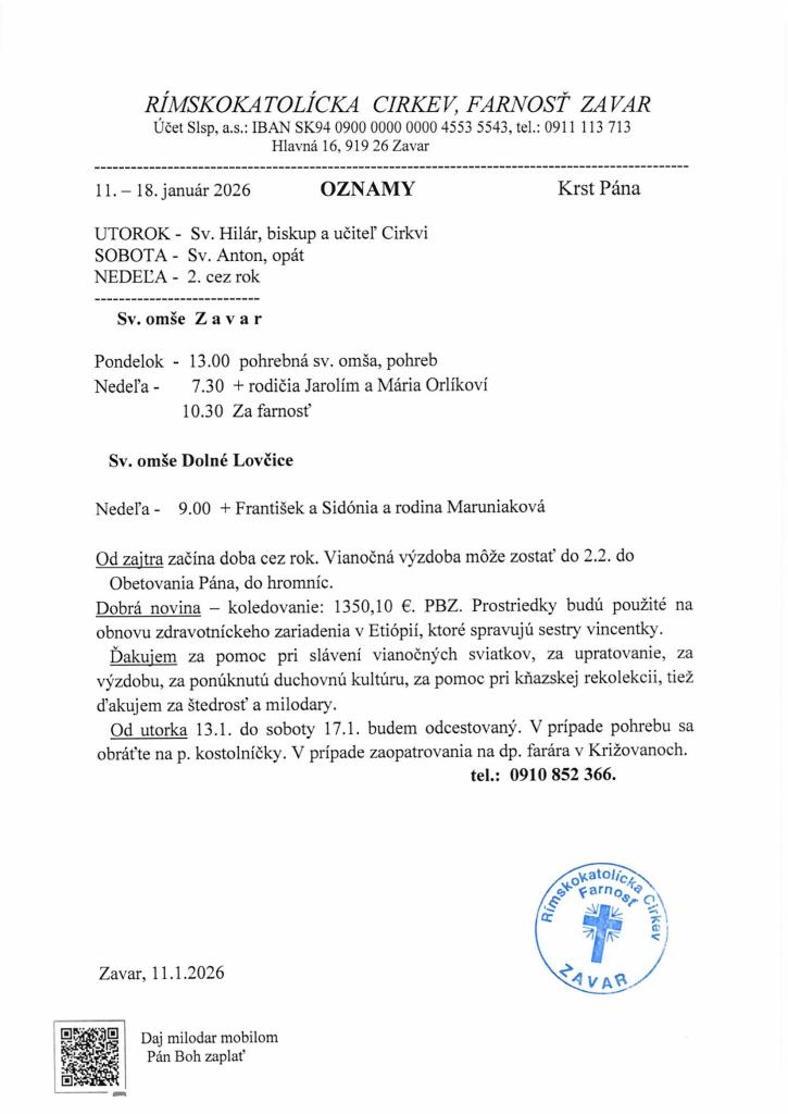 Farské oznamy 11.- 18.&nbsp;január 2026