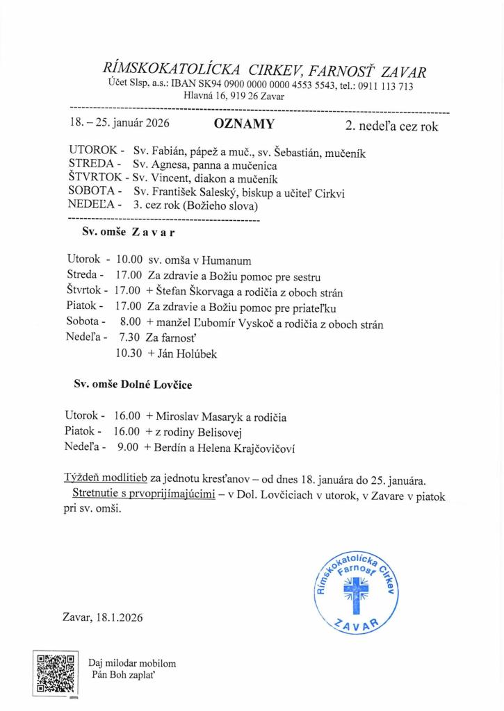 Farské oznamy 18.- 25.&nbsp;január 2026