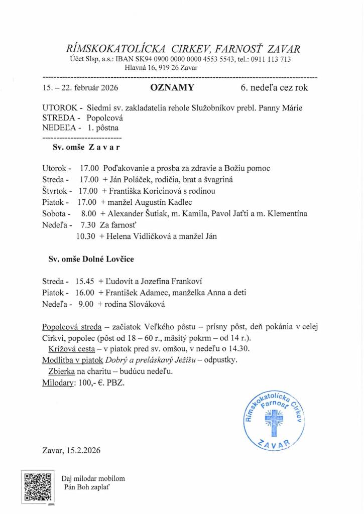 Farské oznamy 15.- 22.&nbsp;február 2026