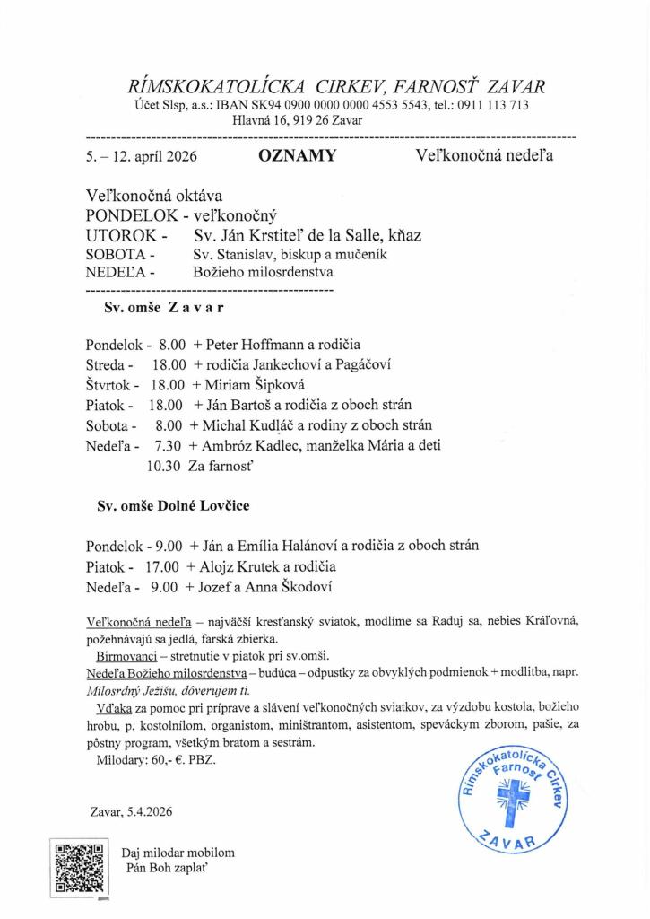 Farské oznamy 5.- 12.apríl 2026