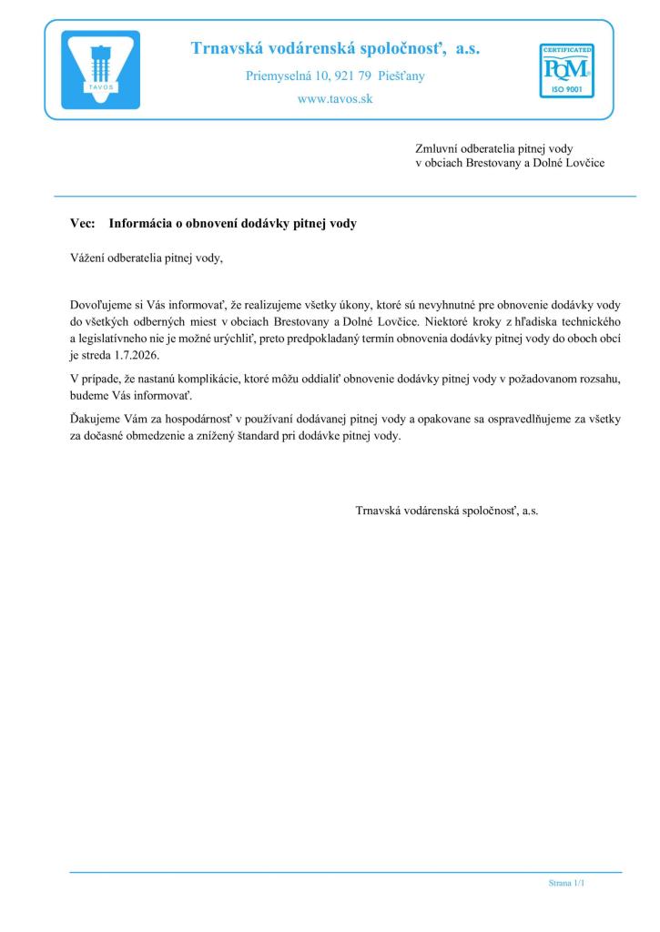 TAVOS Informácia o obnovení dodávky pitnej vody