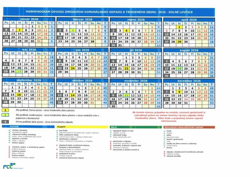 HARMONOGRAM ODVOZU ZMESOVÉHO KOMUNÁLNEHO ODPADU A TRIEDENÉHO ZBERU  2026 - DOLNÉ LOVČICE